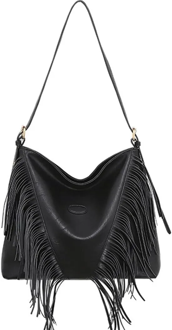 PU Leather Fringe Hobo Bag Large Studded Handbag Crossbody Bag for Women
