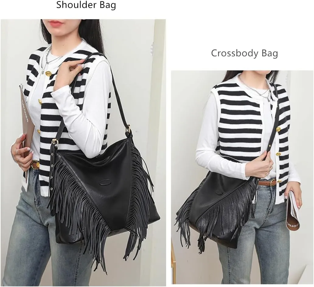 PU Leather Fringe Hobo Bag Large Studded Handbag Crossbody Bag for Women