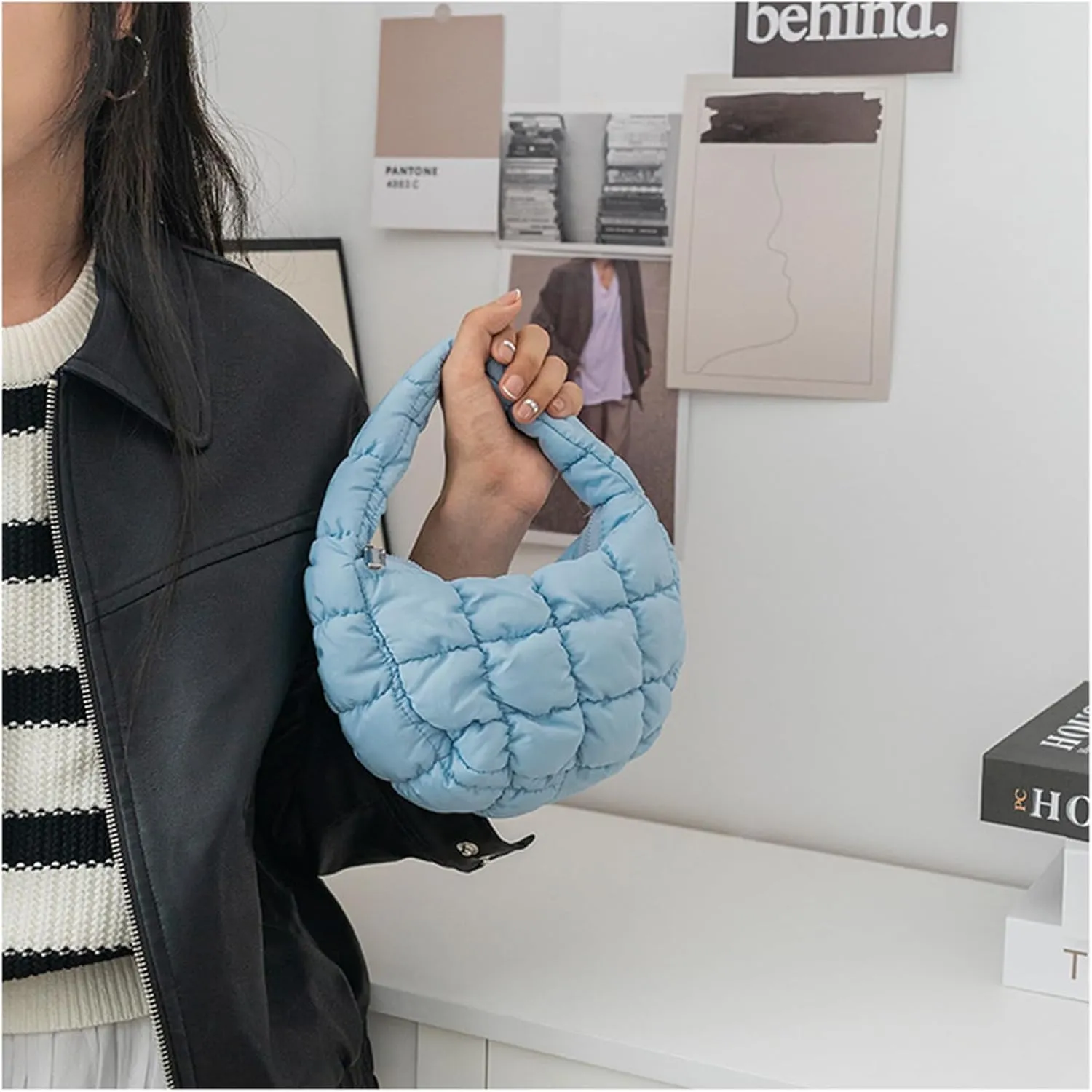 Puffer Bag Women Mini Quilted Cute Bubble Handbag Crescent Wrist Satchel Y2k Purse
