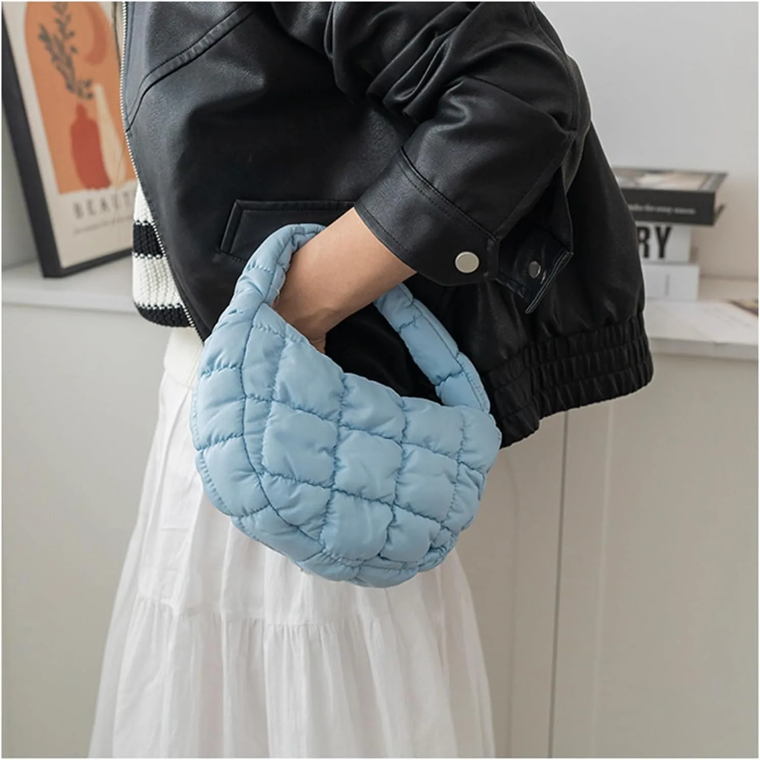 Puffer Bag Women Mini Quilted Cute Bubble Handbag Crescent Wrist Satchel Y2k Purse