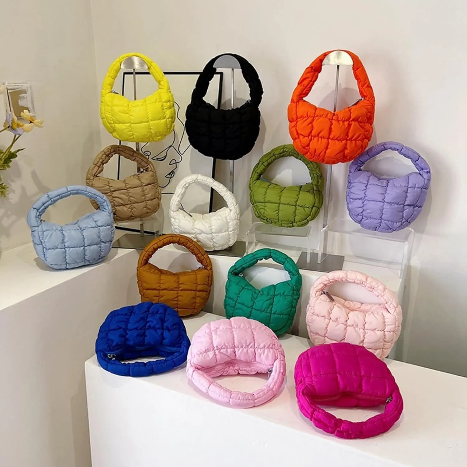 Puffer Bag Women Mini Quilted Cute Bubble Handbag Crescent Wrist Satchel Y2k Purse