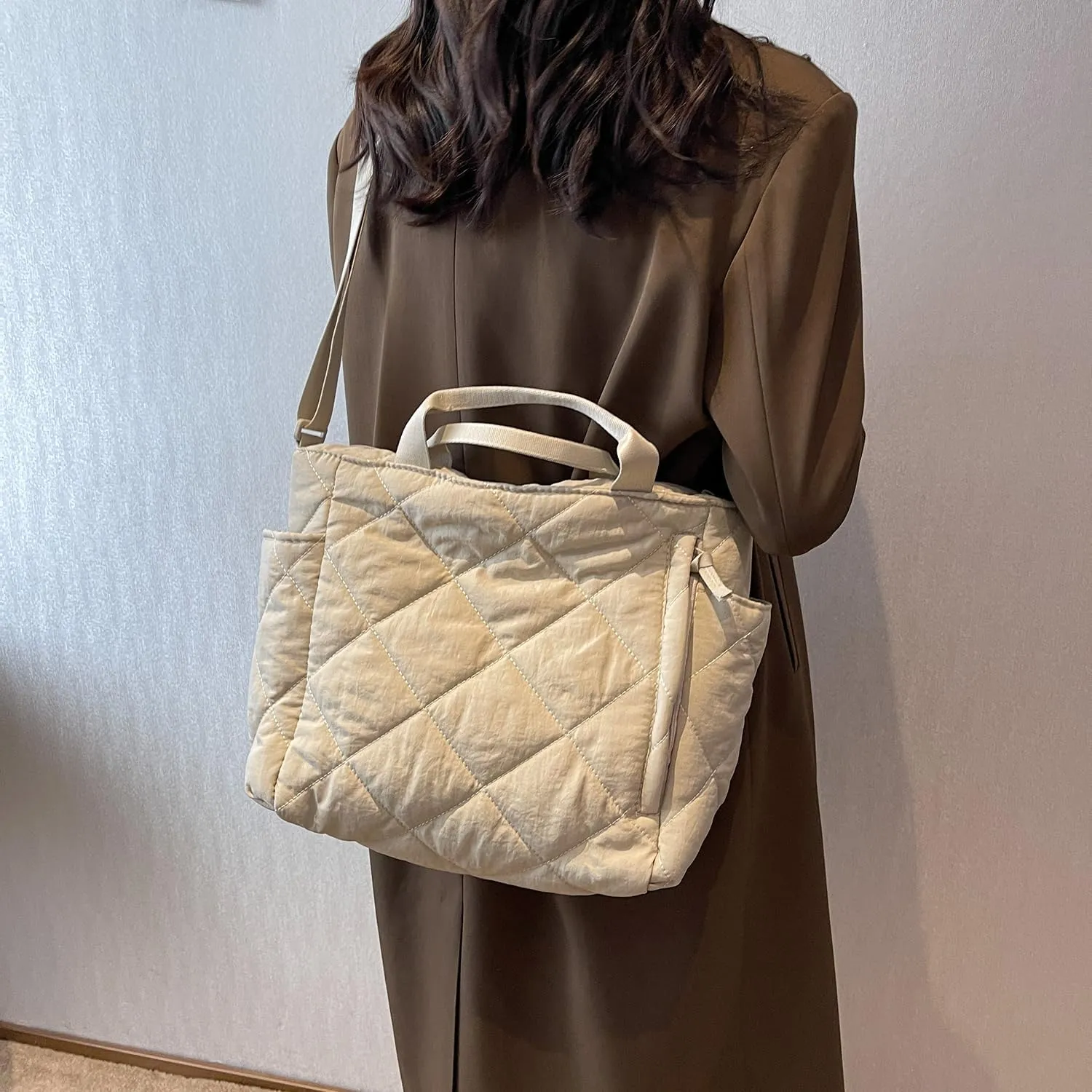 Puffer Quilted Tote Bag for Women Puffy Padded Crossbody Purse Soft Lightweight Shoulder Bag with Zipper
