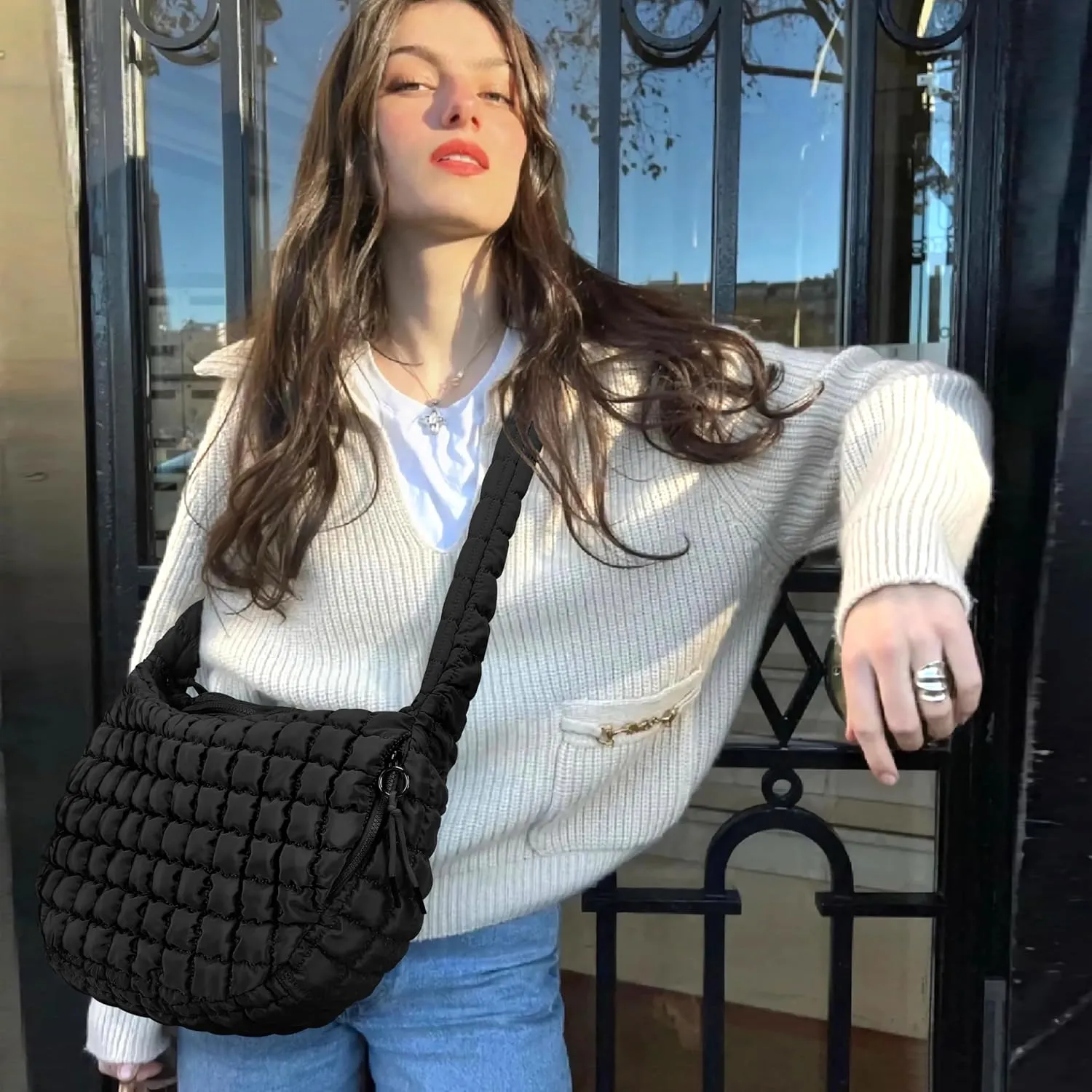 Puffer Tote Bag for Women, Hobo Bag Large Quilted Carryall Bag Soft Puffy Crossbody Bag Lightweight Puff Purse