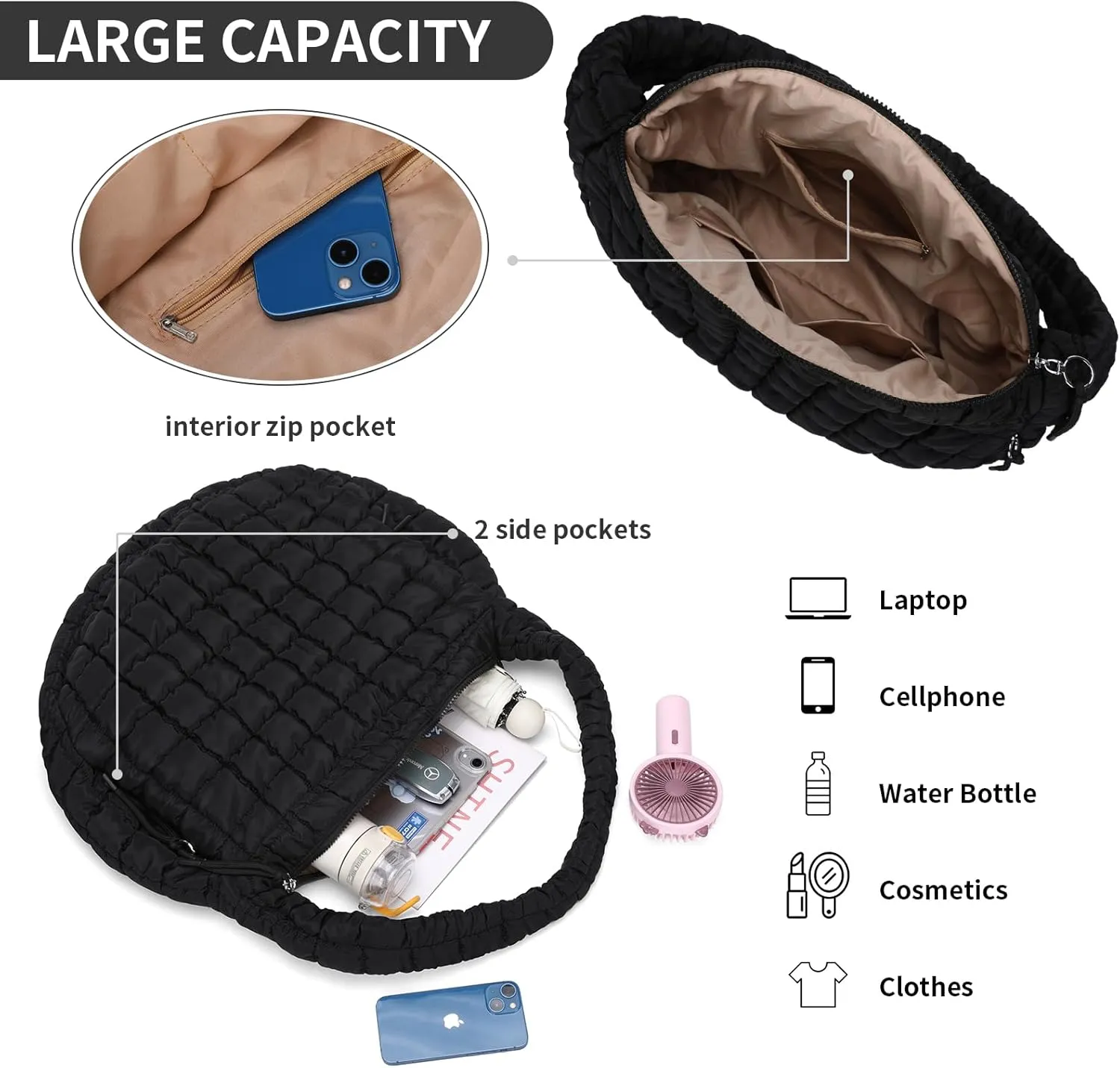 Puffer Tote Bag for Women - Large Quilted Crossbody Handbag - Lightweight Shoulder Hobo Bag - Soft Puffy Carryall