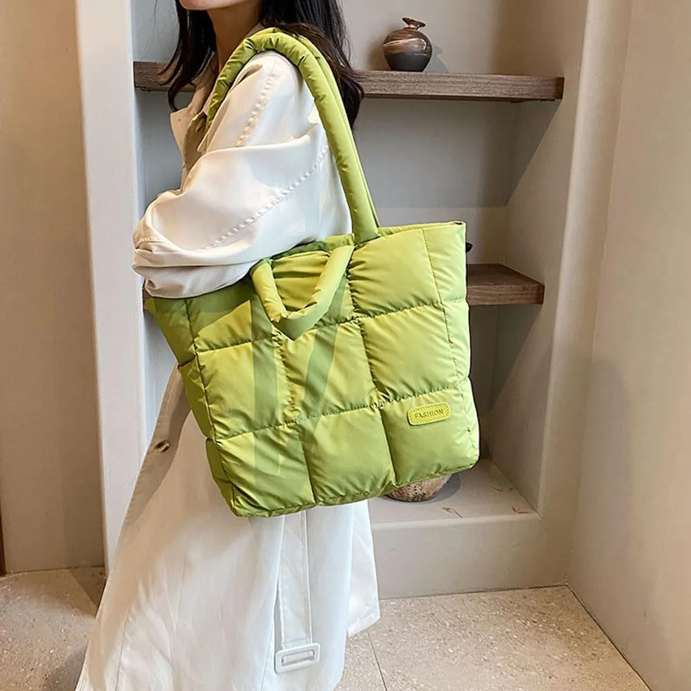Puffer Tote Bag for Women, Quilted Cotton Padded Designer Handbag, Winter Down Padded Shoulder Bag