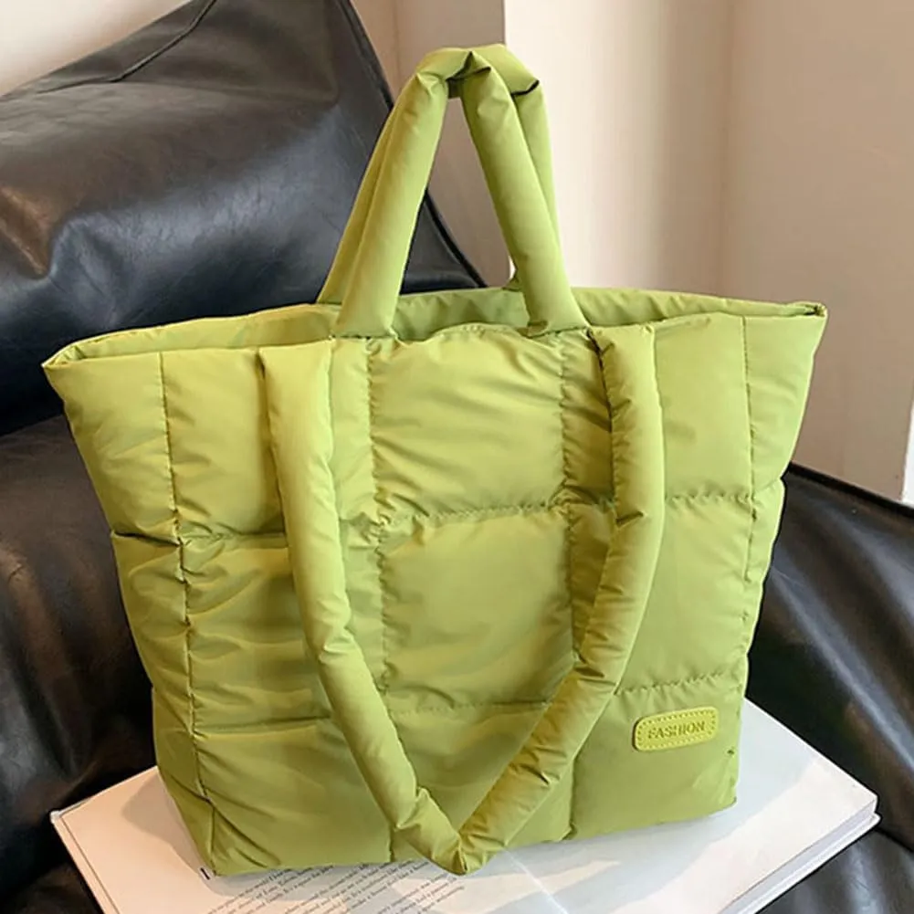 Puffer Tote Bag for Women, Quilted Cotton Padded Designer Handbag, Winter Down Padded Shoulder Bag