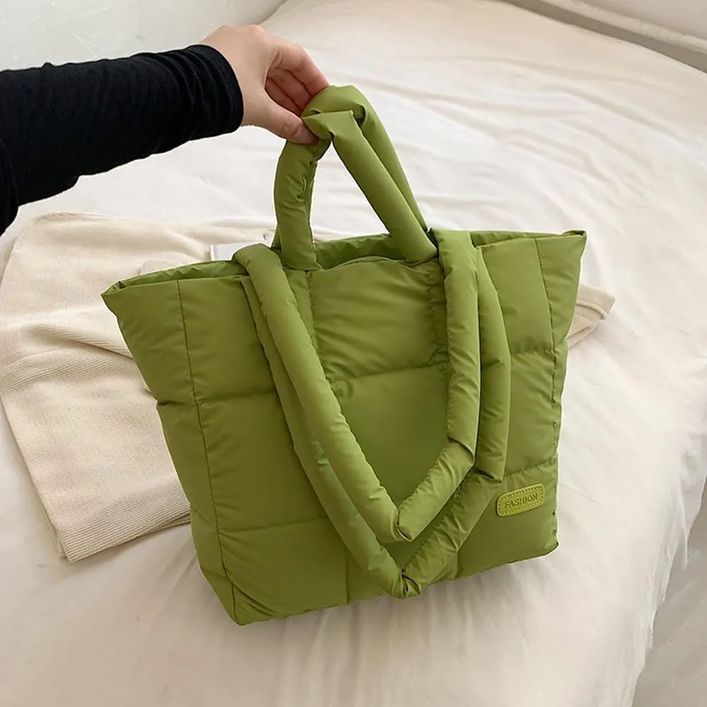 Puffer Tote Bag for Women, Quilted Cotton Padded Designer Handbag, Winter Down Padded Shoulder Bag