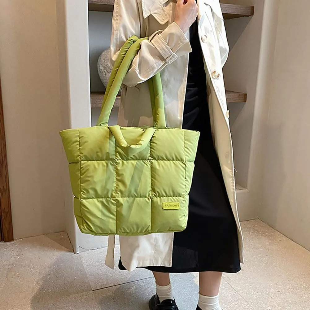 Puffer Tote Bag for Women, Quilted Cotton Padded Designer Handbag, Winter Down Padded Shoulder Bag