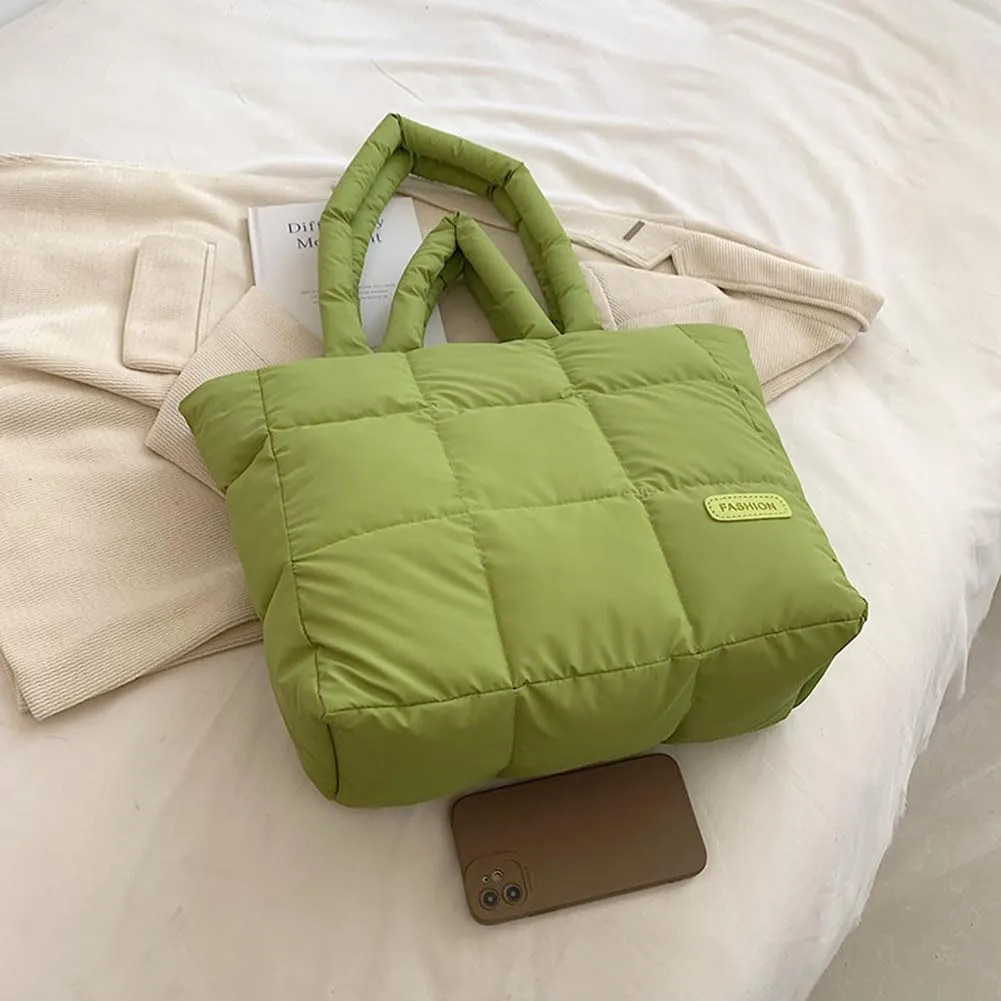 Puffer Tote Bag for Women, Quilted Cotton Padded Designer Handbag, Winter Down Padded Shoulder Bag