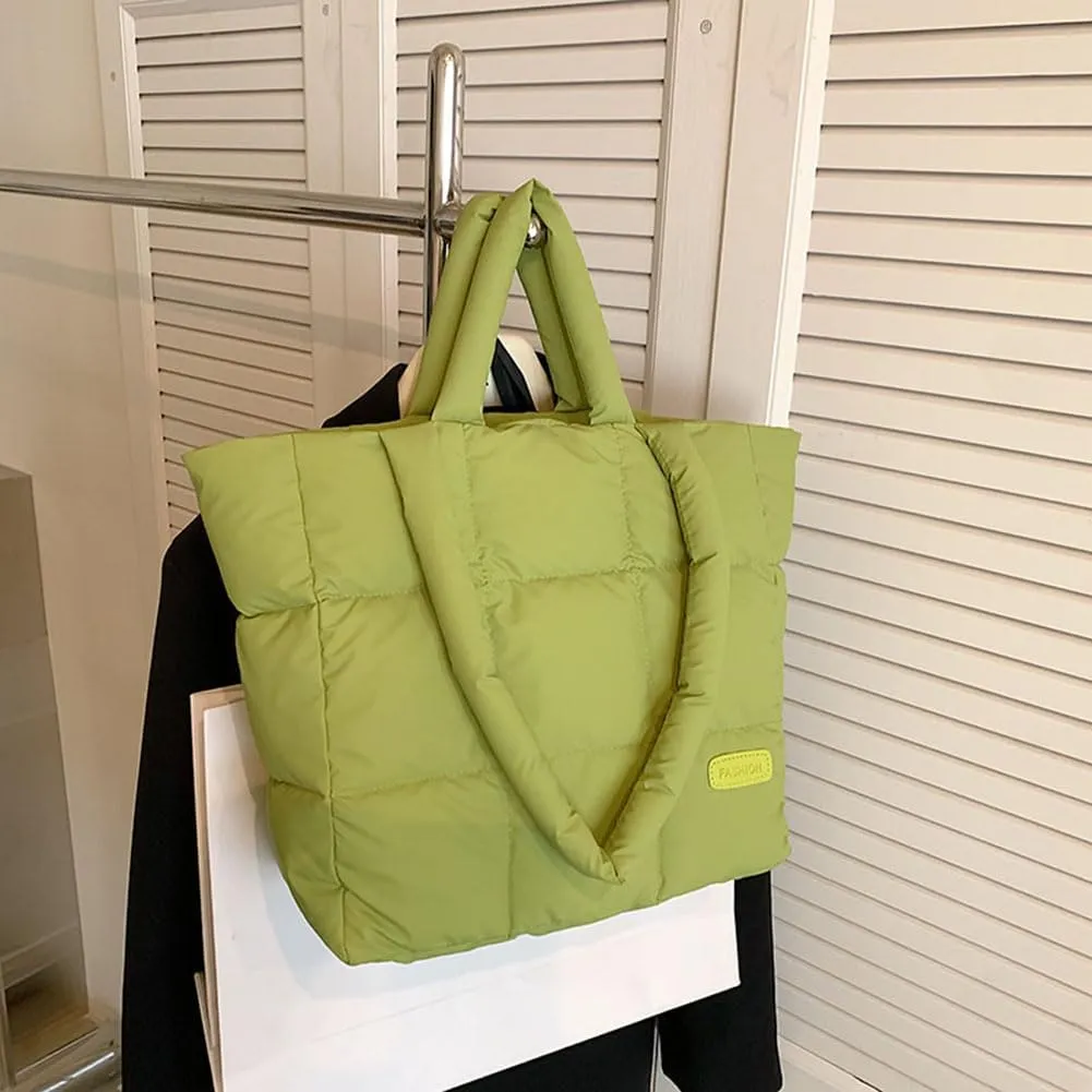 Puffer Tote Bag for Women, Quilted Cotton Padded Designer Handbag, Winter Down Padded Shoulder Bag