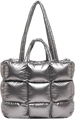 Puffer Tote Bag for Women, Quilted Puffy Handbag, Quilted Shoulder Bag Fluffy Satchel Purse for Work Travel Shopping