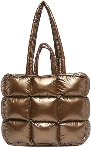 Puffer Tote Bag for Women, Quilted Puffy Handbag, Quilted Shoulder Bag Fluffy Satchel Purse for Work Travel Shopping