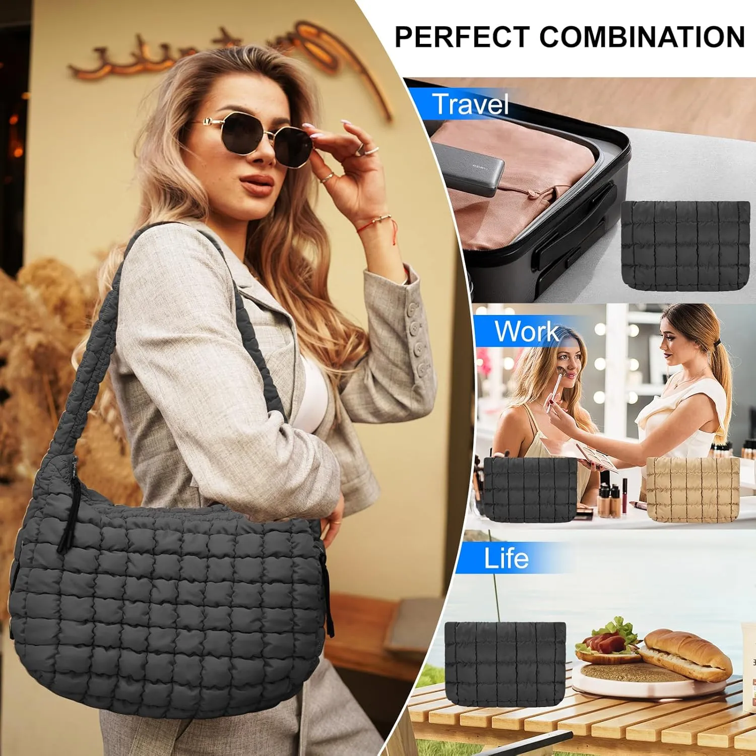 Puffer Tote Bag for Women,Quilted Tote Bag,Large Hobo Quilted Tote Bag Crossbody Shoulder Puff Purse Soft Fluffy Lightweight