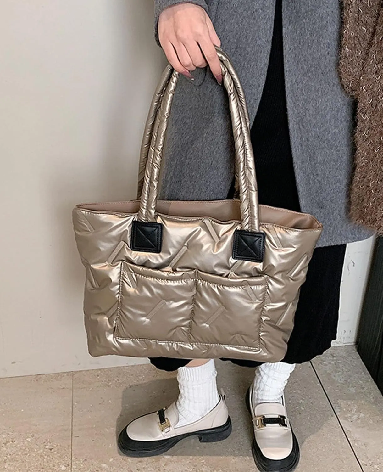 Puffer Tote Bag,Large Quilted Puffy Handbag Shoulder Bag Lightweight Satchel Purse for Travel, Work, Gym, Shop