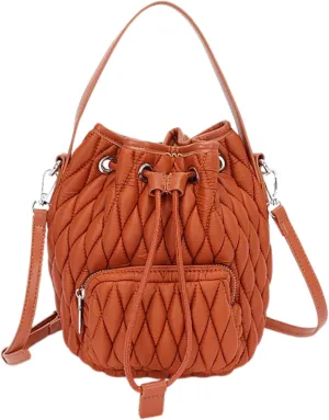 Puffy Padded Bucket Bag for Women Quilted Nylon Drawstring Handbag Lightweight Casual Purse Tote Bags (Camel, Small)