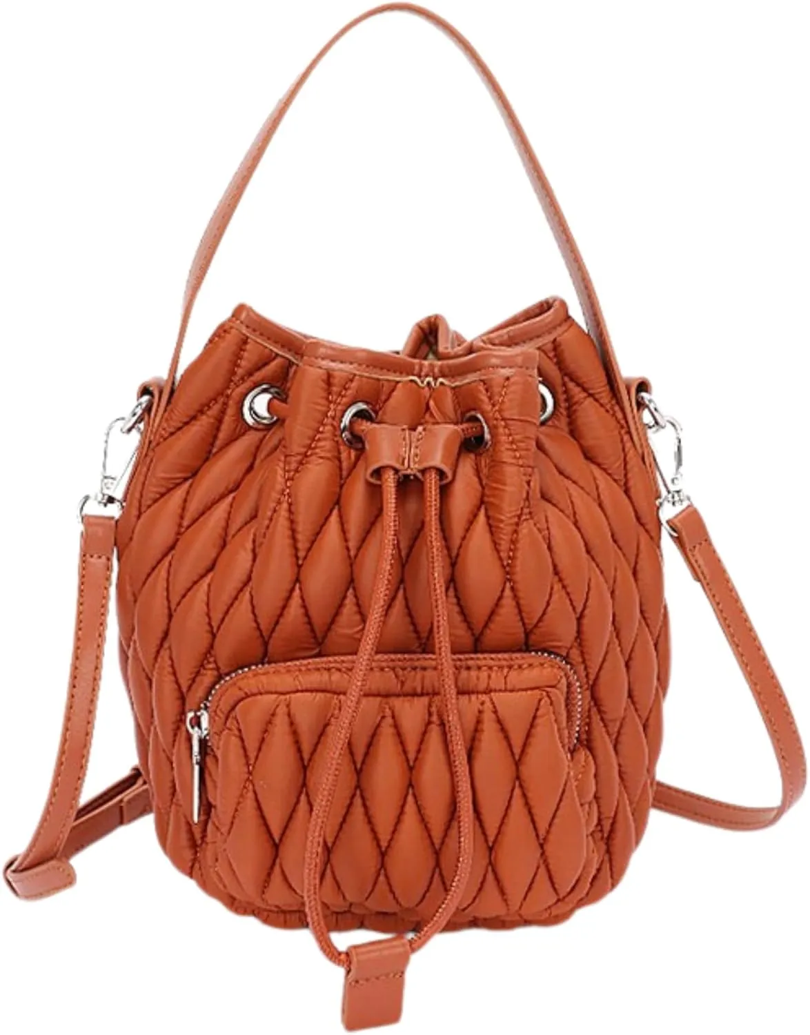 Puffy Padded Bucket Bag for Women Quilted Nylon Drawstring Handbag Lightweight Casual Purse Tote Bags (Camel, Small)