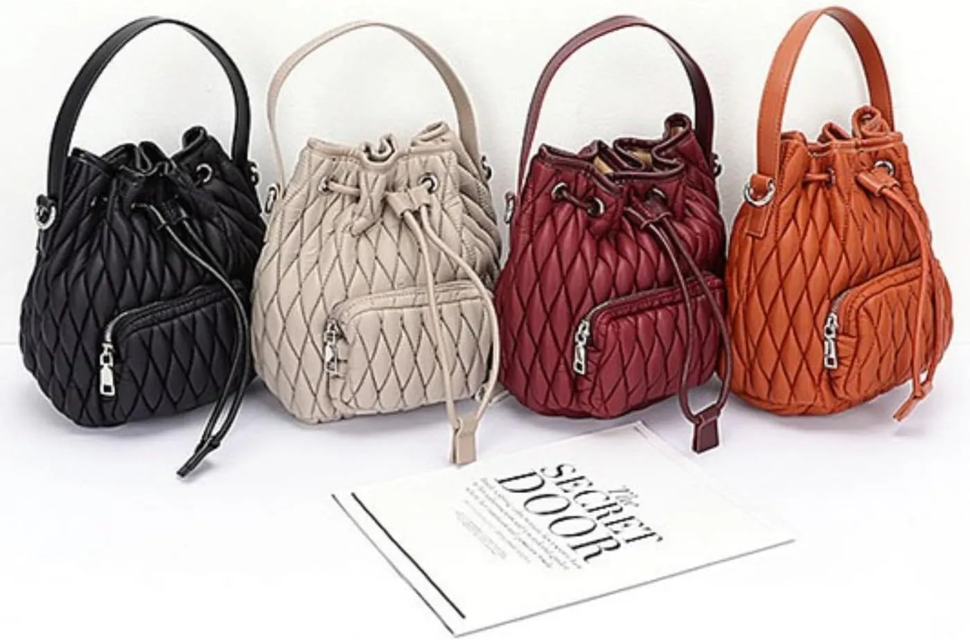 Puffy Padded Bucket Bag for Women Quilted Nylon Drawstring Handbag Lightweight Casual Purse Tote Bags (Camel, Small)