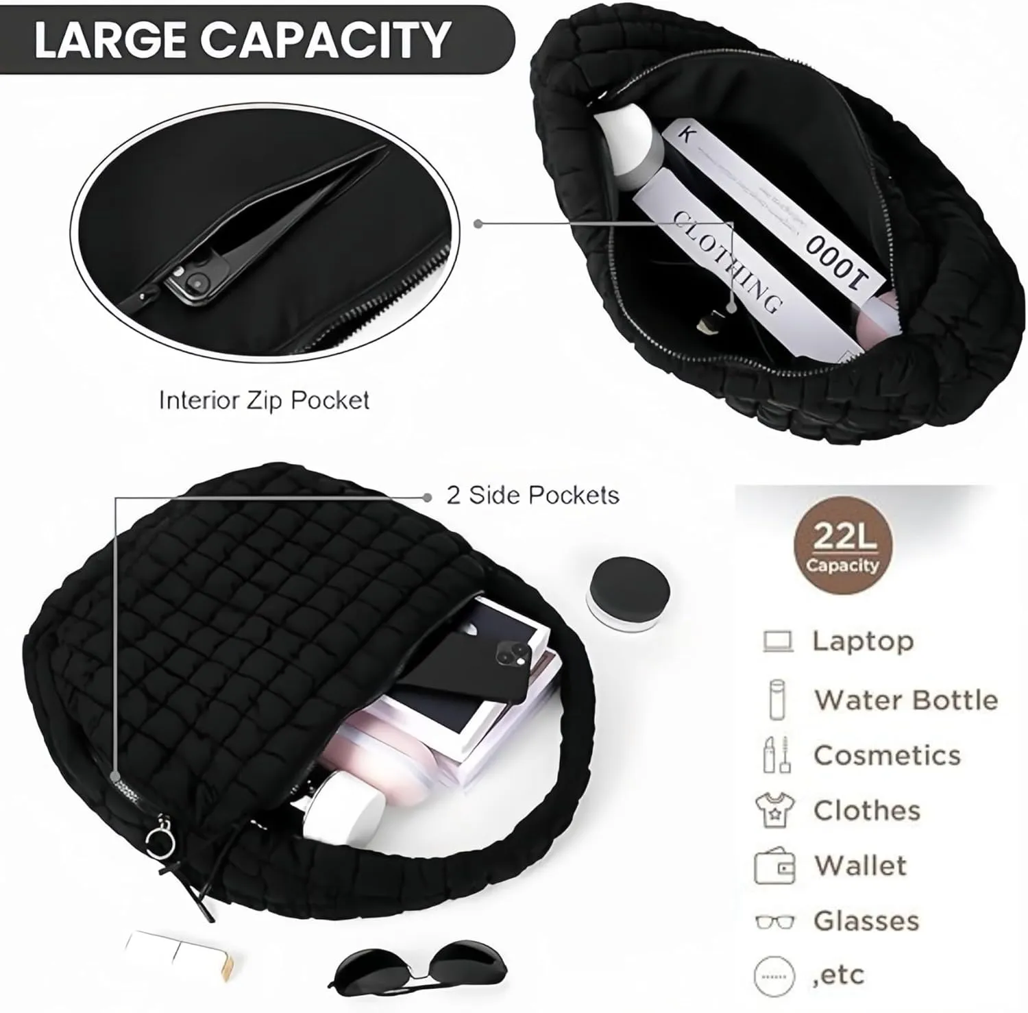 Puffy Quilted Crossbody Bags for Women Large Puffer Tote Bag for Women Free People Bubble Carryall Bag & Wristlet Wallet