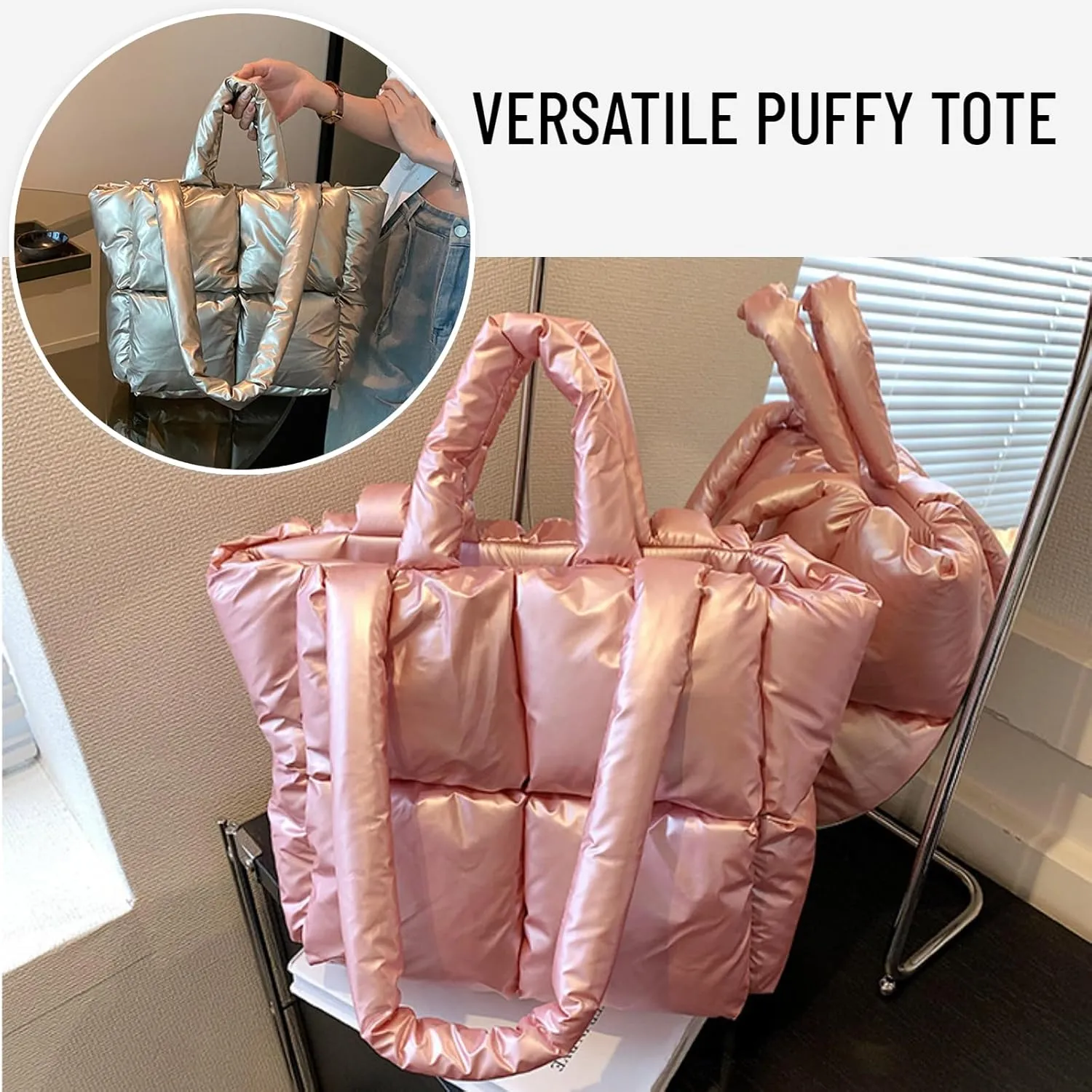 Puffy Tote Bag Padded Puffy Tote Lattice Handbags Large Puffer Tote Bag for Women Shoulder Bag Puffer Luxury Bags