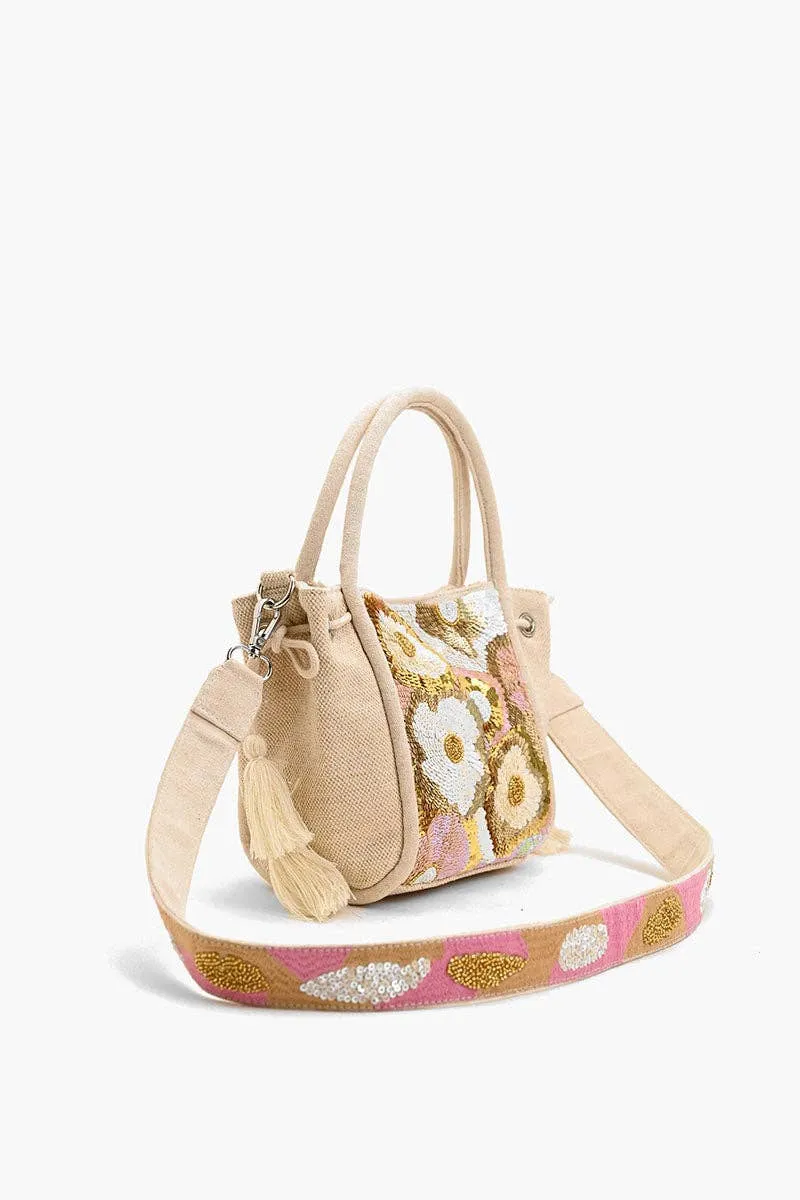 Purse - Embellished Top Handle Crossbody-Natural Floral
