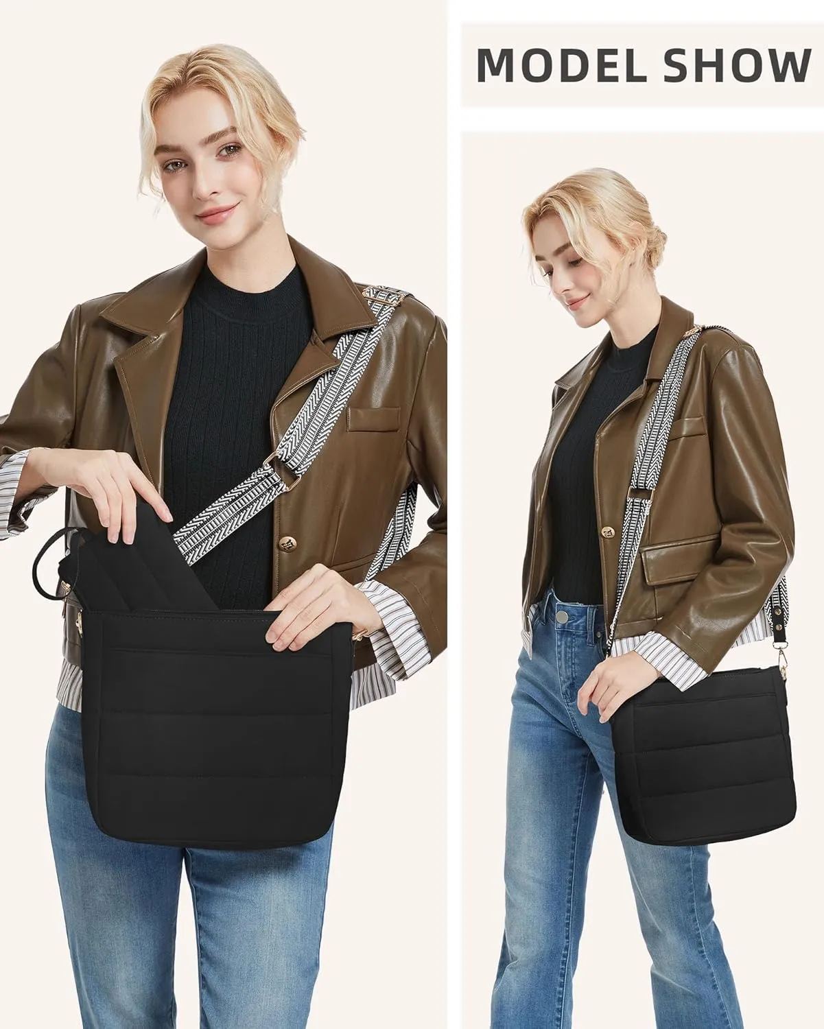 Purses for Women 2PCS Puffer Quilted Crossbody Shoulder Hobo Bags Trendy Ladies Handbag with Coin Wallet 2 Adjustable Straps