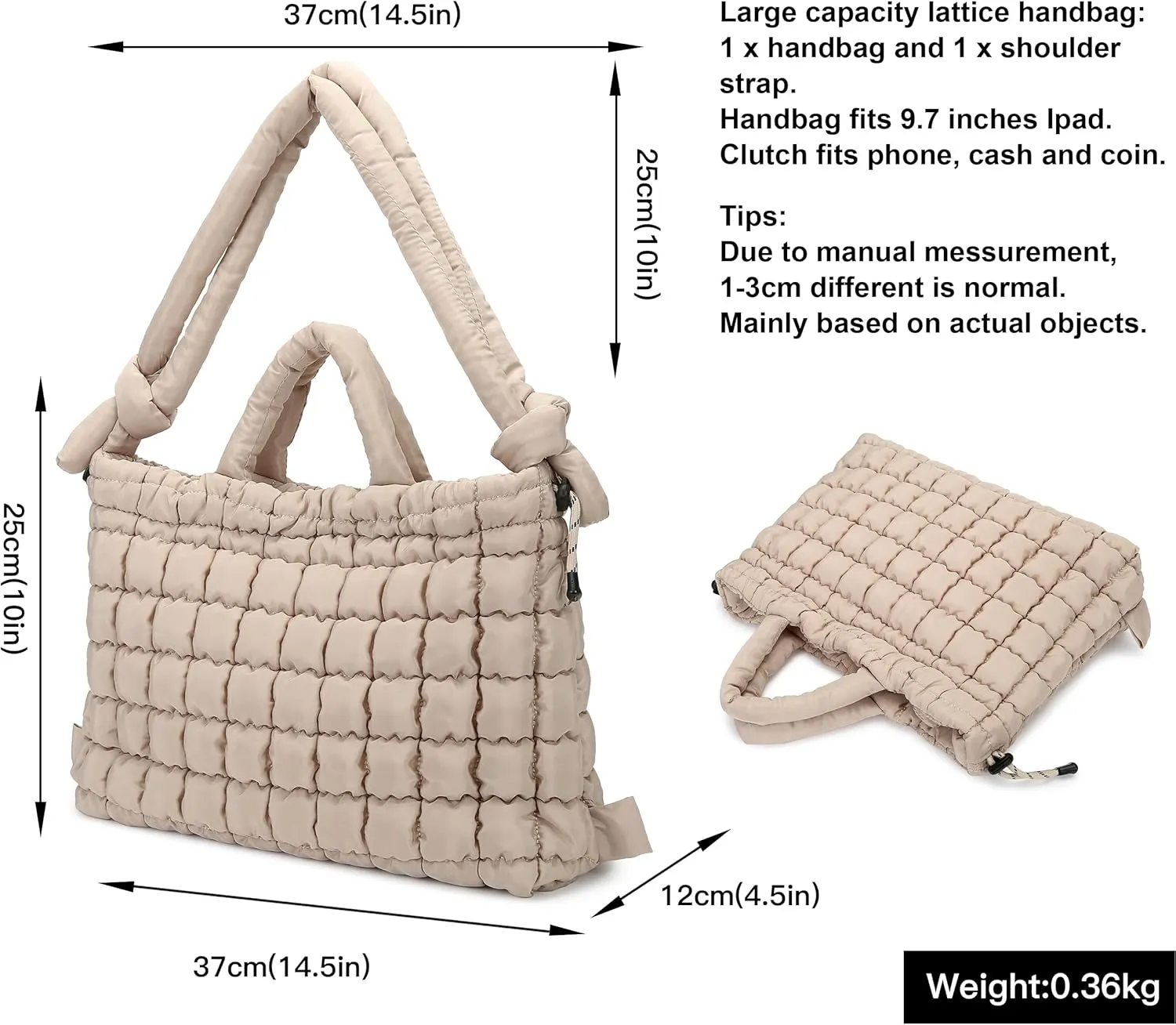 Queenoris Quilted Puffer Work Tote Bag for Women, Large Lightweight Carryall Shoulder Bag with Zipper Crossbody Bag