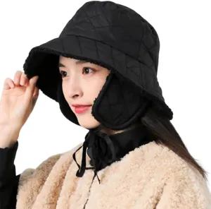 Quilted Bucket Hat Winter Warm Hat for Woman Down Padding Bucket Cap Fishing Hat Thick Plush Earflap Fisherman Bucket Hats