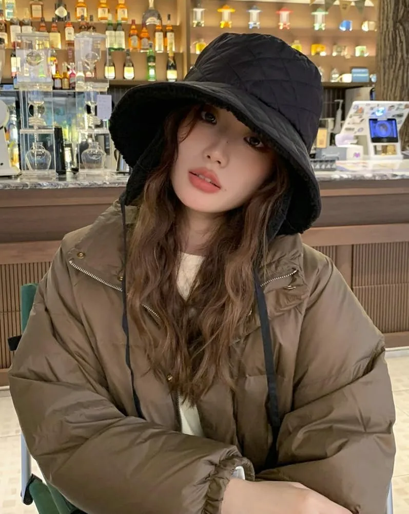 Quilted Bucket Hat Winter Warm Hat for Woman Down Padding Bucket Cap Fishing Hat Thick Plush Earflap Fisherman Bucket Hats