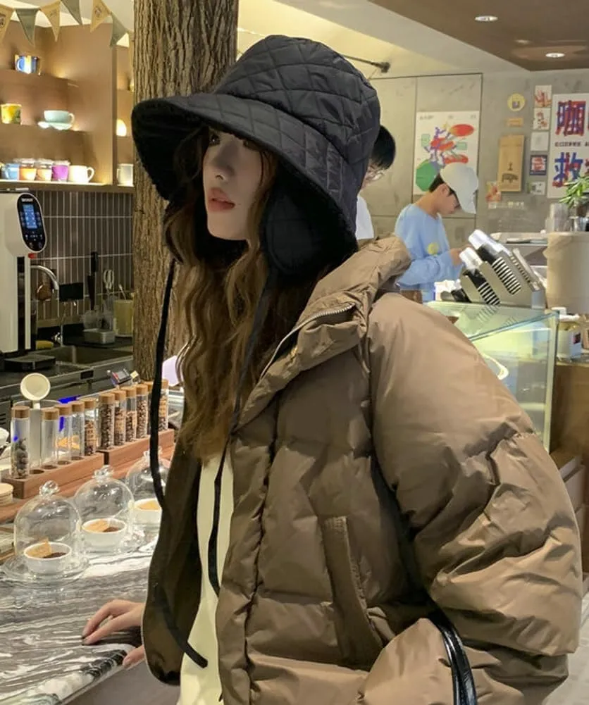 Quilted Bucket Hat Winter Warm Hat for Woman Down Padding Bucket Cap Fishing Hat Thick Plush Earflap Fisherman Bucket Hats