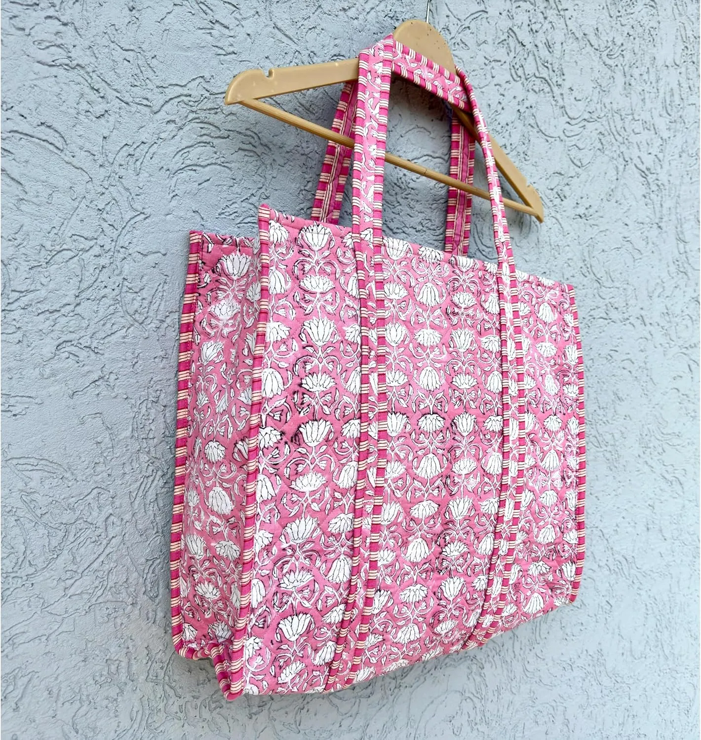 Quilted Cotton Handprinted Reversible multicolor Floral Tote Bag Quilted Hand Block Floral Printed Women's Carry Bag Tote Bag