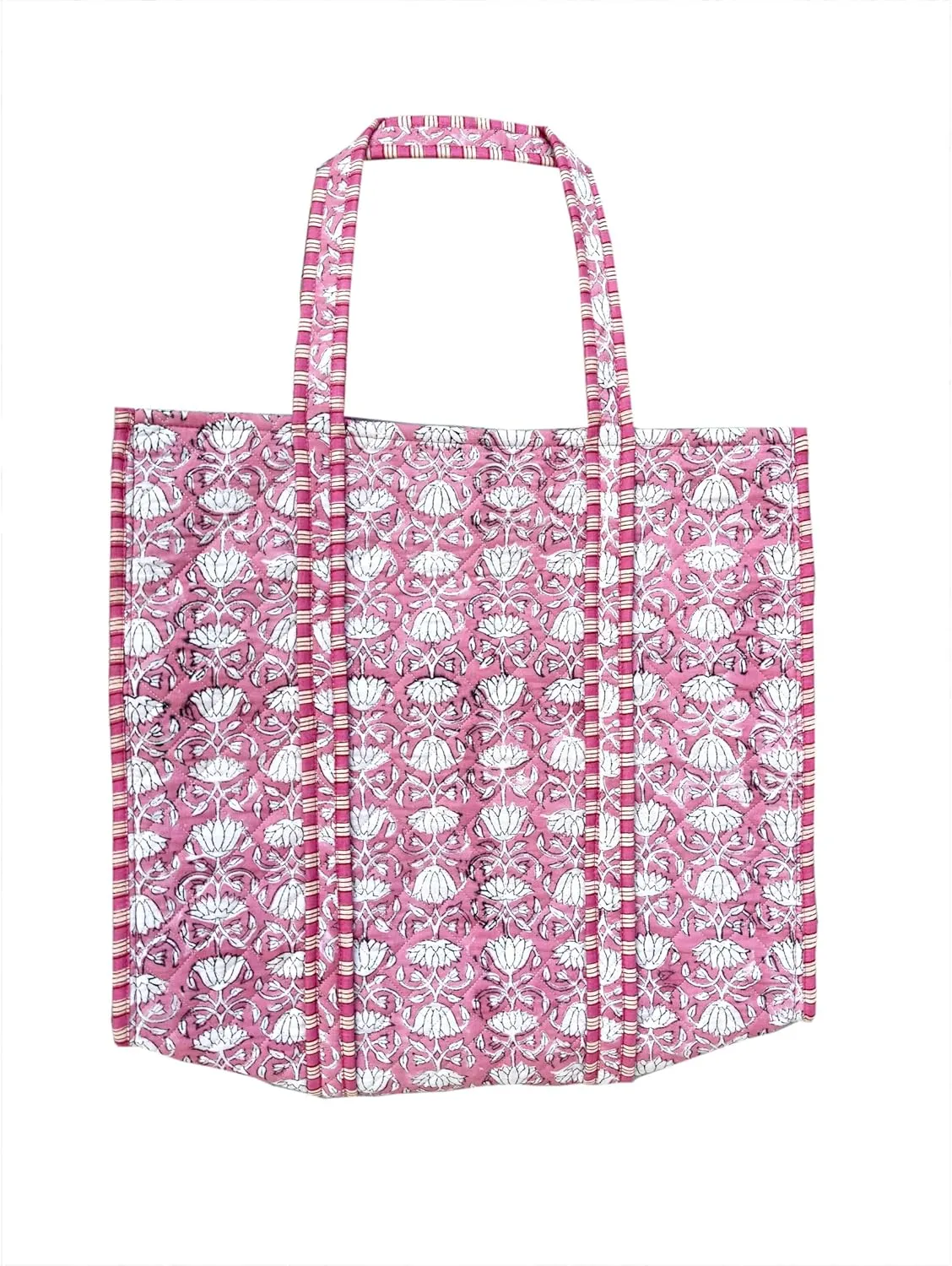 Quilted Cotton Handprinted Reversible multicolor Floral Tote Bag Quilted Hand Block Floral Printed Women's Carry Bag Tote Bag