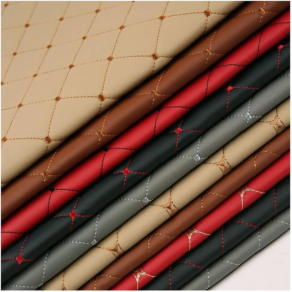 Quilted Faux Leather Vinyl PVC Fabric Waterproof Quilted Diamond Stitch Padded Cushion Linen Wadding Canvas(Brown,1.4X10m)
