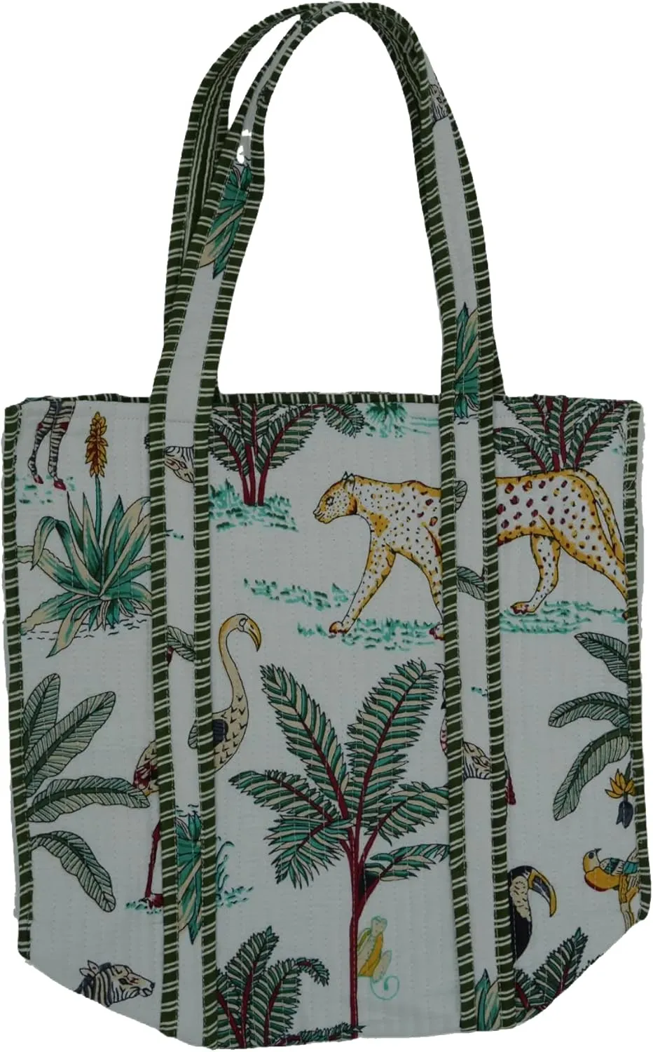 Quilted Large Cotton Fabric Tote Bag Travel Grocery Shopping Weekend Trips with Inside Pocket -Tropical Safari