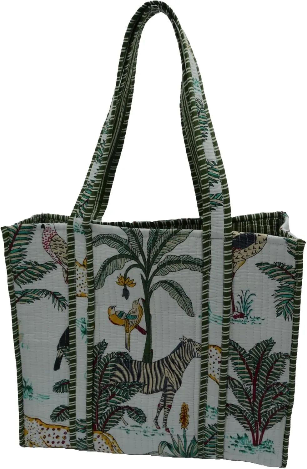 Quilted Large Cotton Fabric Tote Bag Travel Grocery Shopping Weekend Trips with Inside Pocket -Tropical Safari