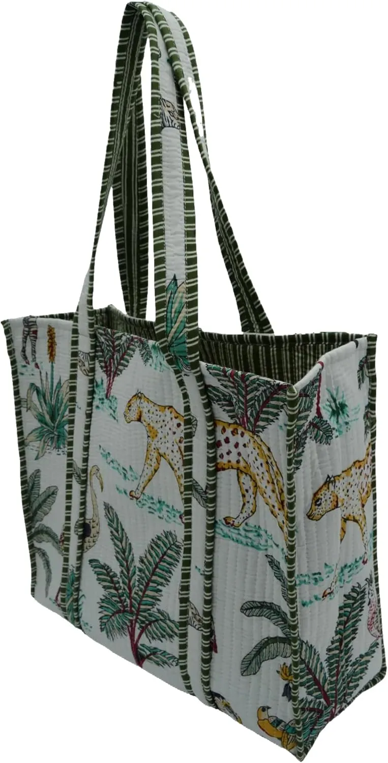 Quilted Large Cotton Fabric Tote Bag Travel Grocery Shopping Weekend Trips with Inside Pocket -Tropical Safari