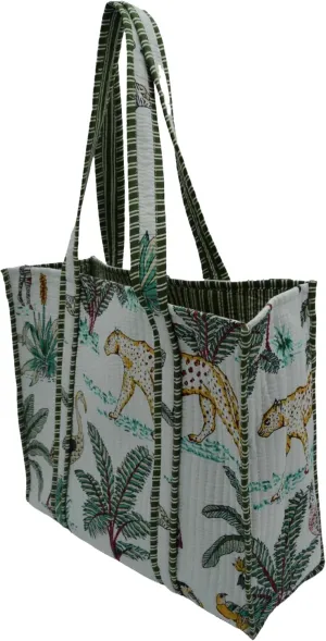 Quilted Large Cotton Fabric Tote Bag Travel Grocery Shopping Weekend Trips with Inside Pocket -Tropical Safari