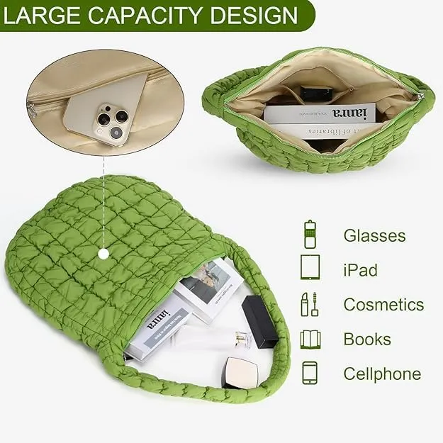 Quilted Puffer Tote Bag for Women Large Quilted Tote Bag Lightweight Nylon Puffy Quilted Padding Hobo Bag Quilted Bag