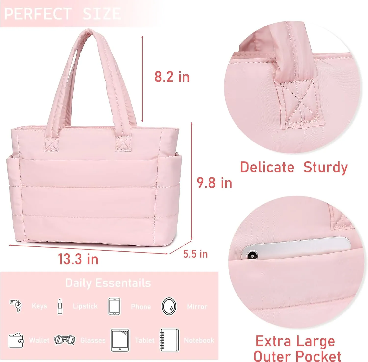 Quilted Puffer Tote Bag for Women Stylish Work Tote with Multiple Compartments Puffy Handbag
