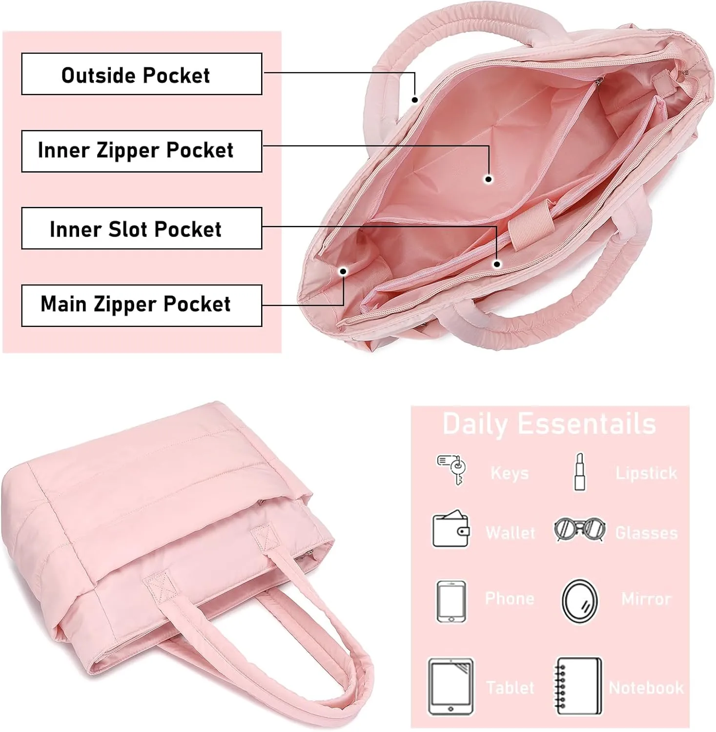 Quilted Puffer Tote Bag for Women Stylish Work Tote with Multiple Compartments Puffy Handbag
