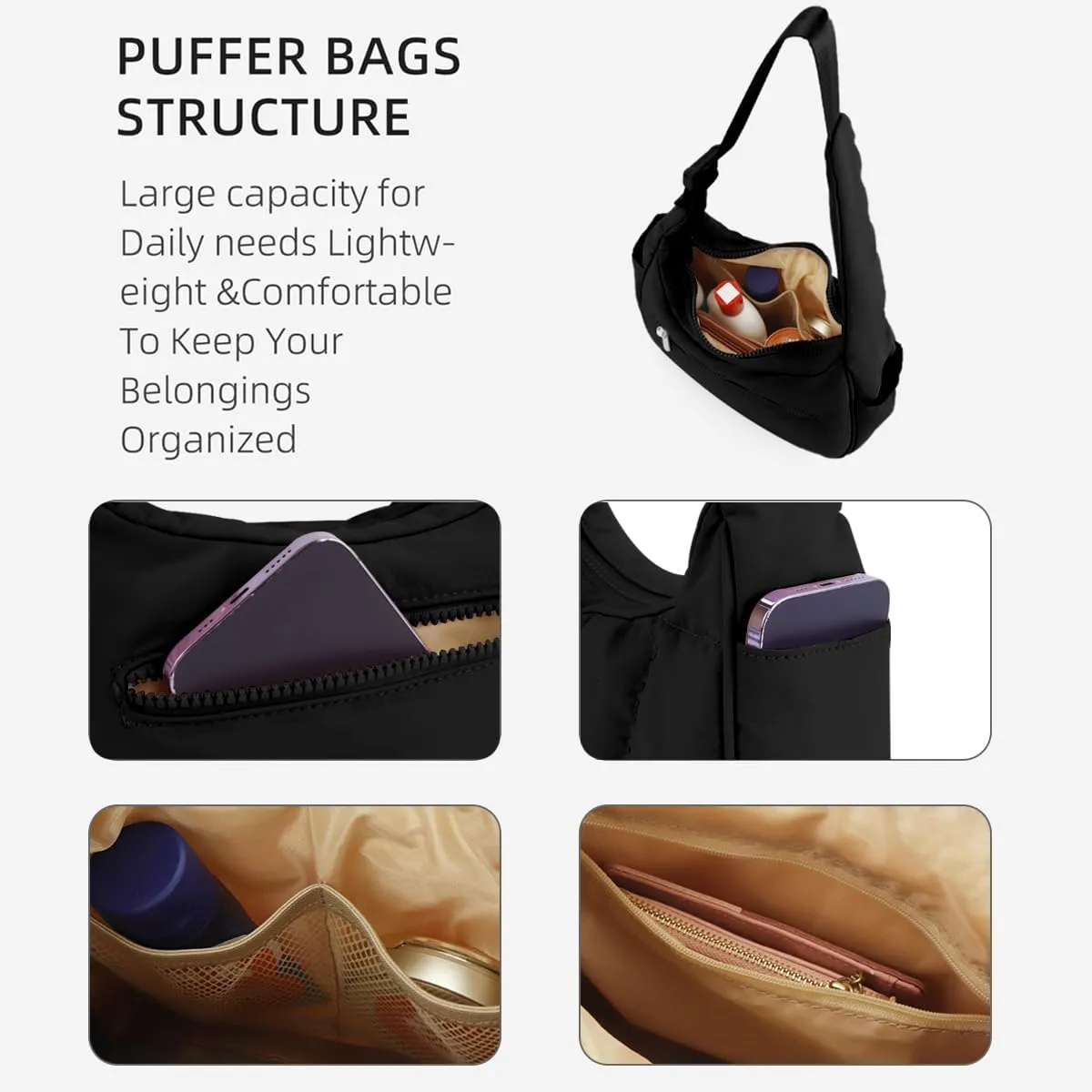 Quilted Puffer Tote Bag for Women，Small Puffer Crescent Shoulder Bag，Quilted Nylon Crossbody Bag with Adjustable Strap