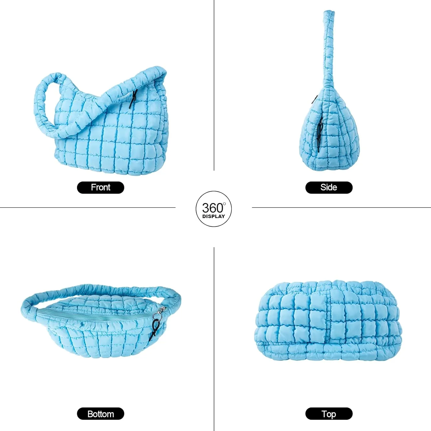 Quilted Puffer Tote Bag Large Crossbody Shoulder Bag with Zipper, Nylon Bubble Hobo Handbag Carryall Bag for Women