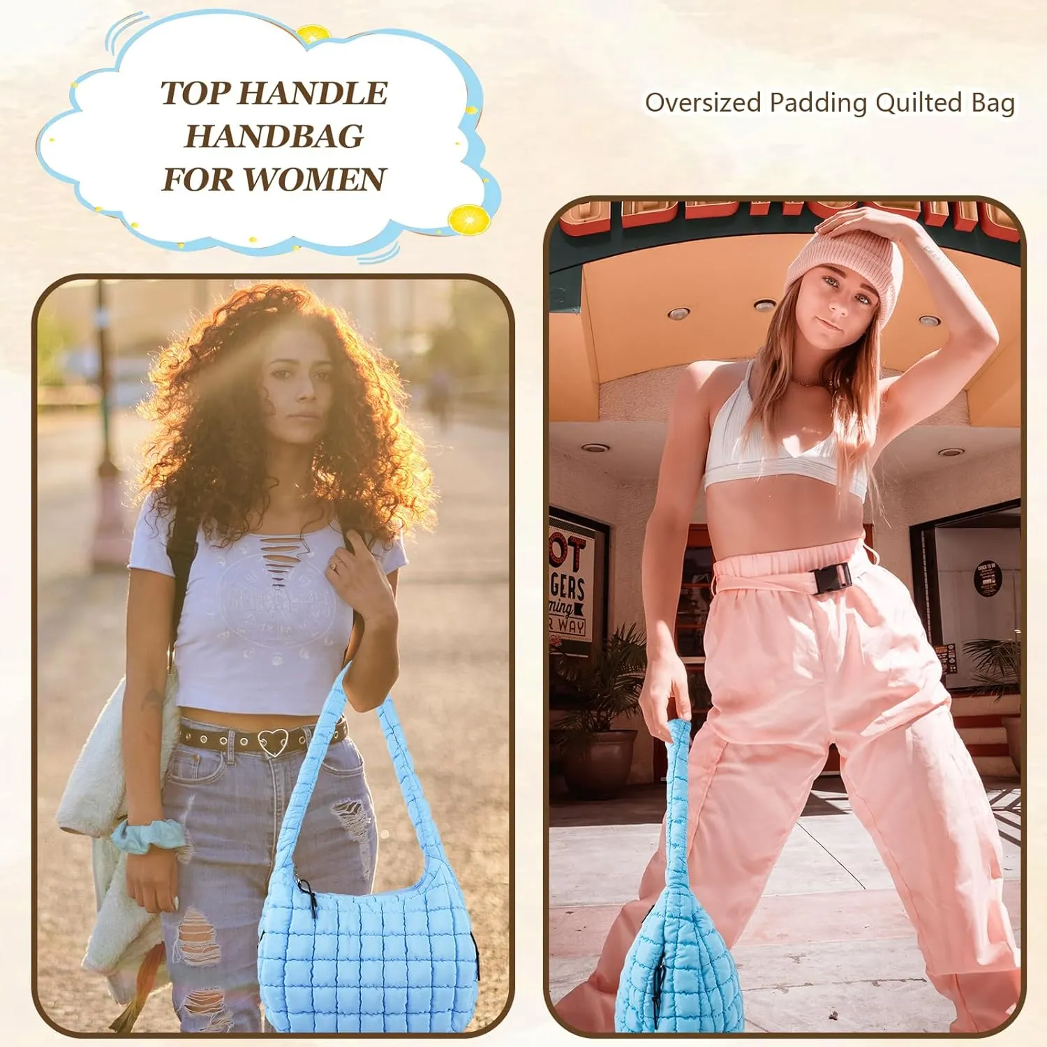 Quilted Puffer Tote Bag Large Crossbody Shoulder Bag with Zipper, Nylon Bubble Hobo Handbag Carryall Bag for Women