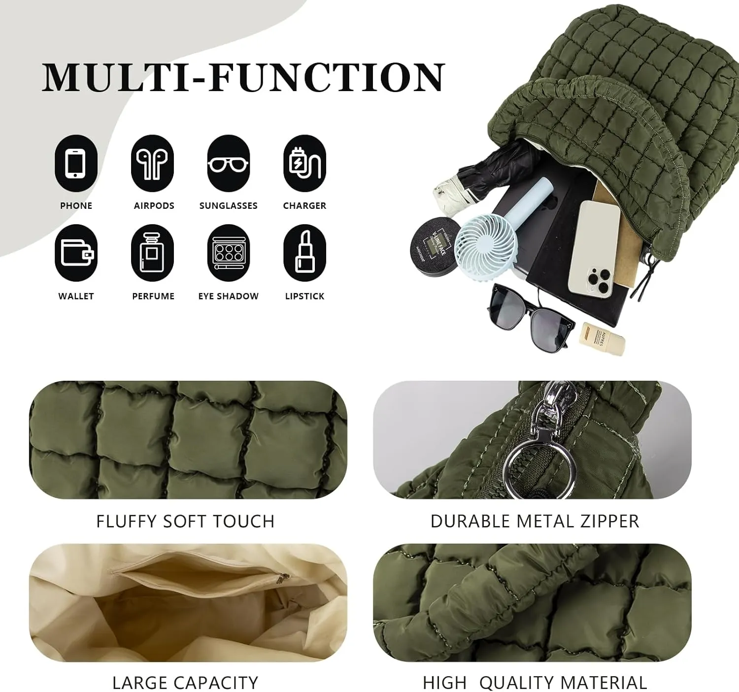Quilted Puffer Tote Bag Large Crossbody Shoulder Bag with Zipper, Nylon Bubble Hobo Handbag Carryall Bag for Women