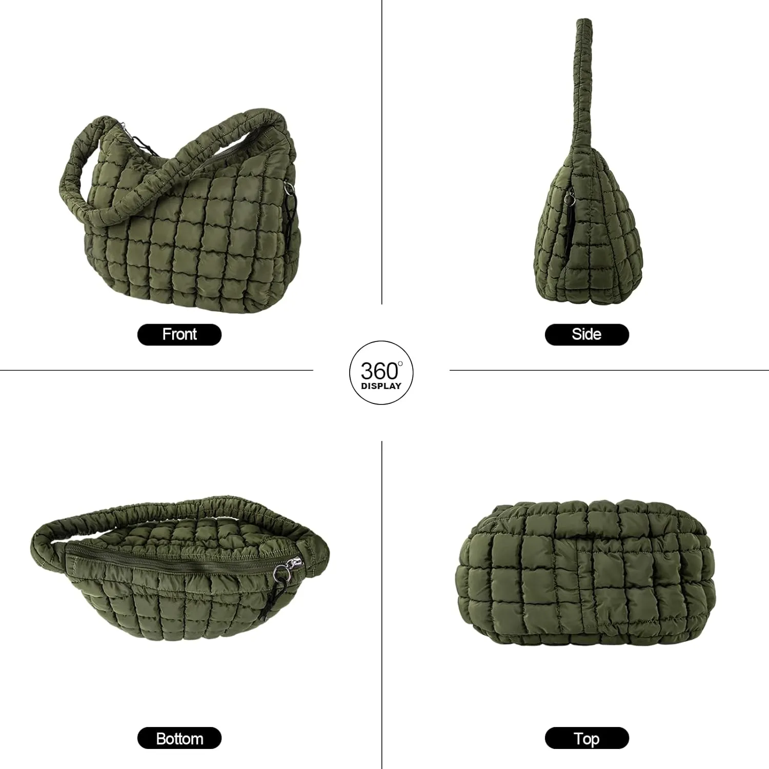 Quilted Puffer Tote Bag Large Crossbody Shoulder Bag with Zipper, Nylon Bubble Hobo Handbag Carryall Bag for Women