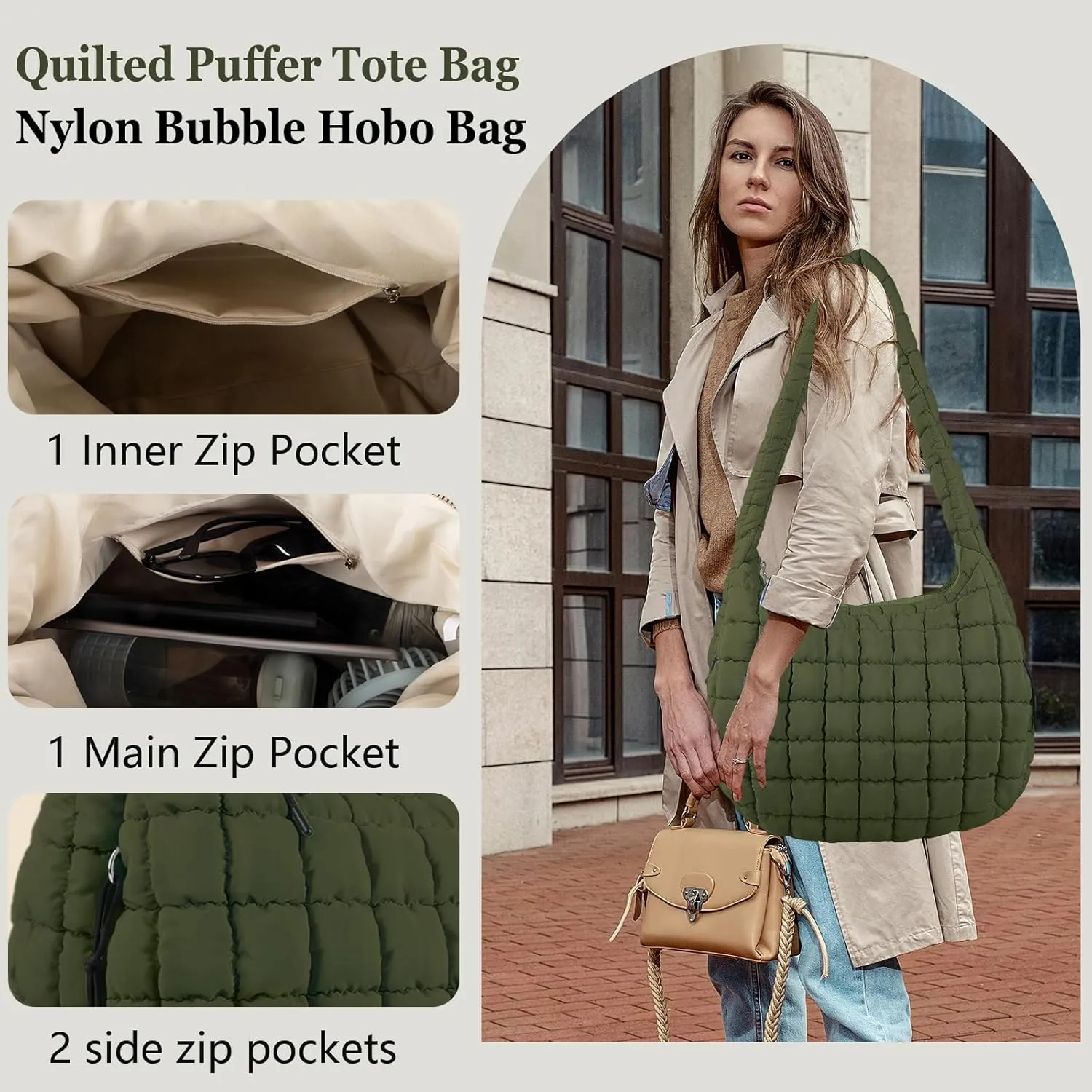 Quilted Puffer Tote Bag Large Crossbody Shoulder Bag with Zipper, Nylon Bubble Hobo Handbag Carryall Bag for Women
