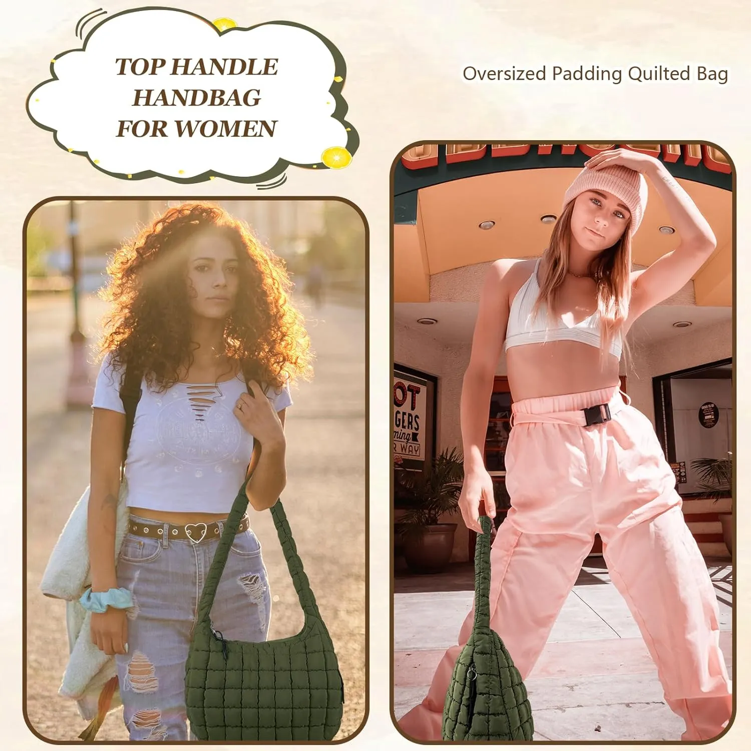 Quilted Puffer Tote Bag Large Crossbody Shoulder Bag with Zipper, Nylon Bubble Hobo Handbag Carryall Bag for Women