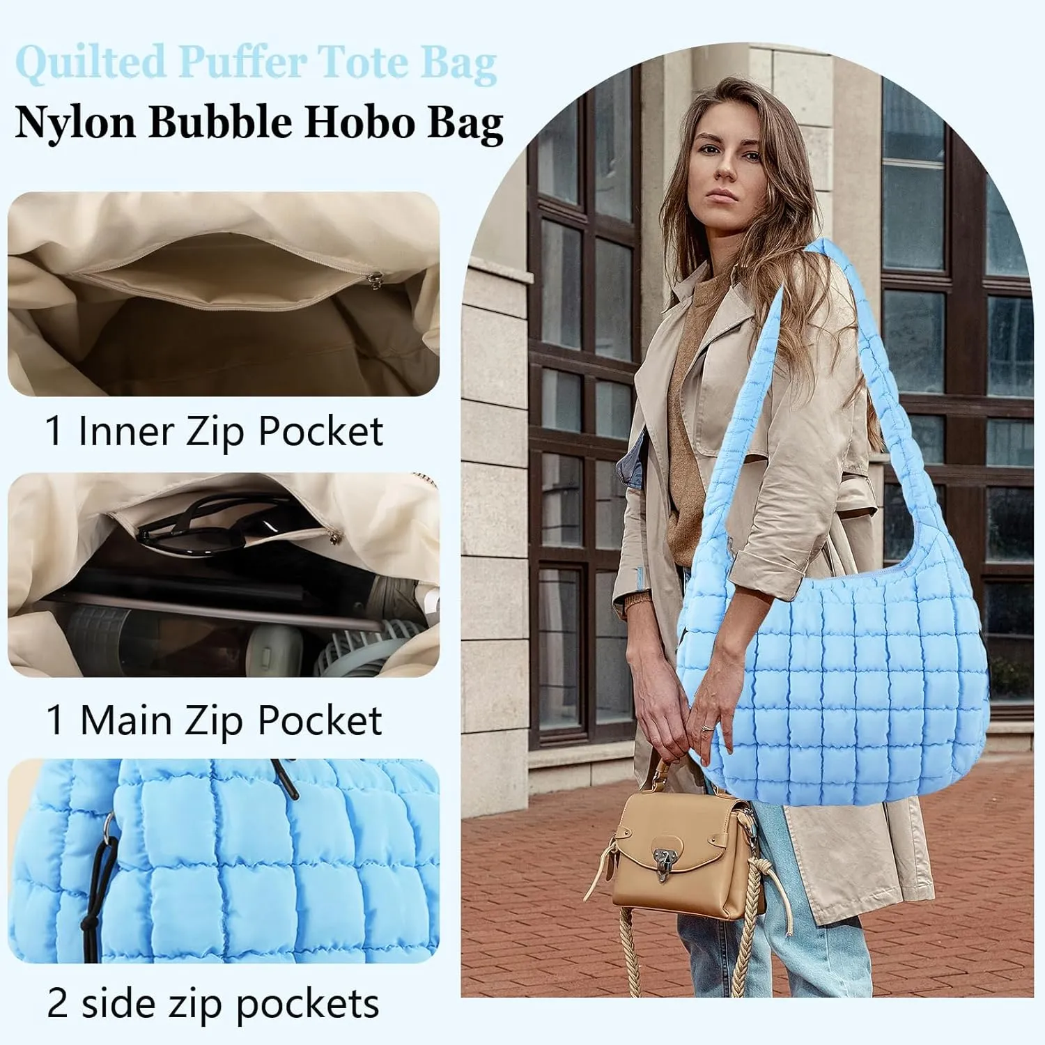 Quilted Puffer Tote Bag Large Crossbody Shoulder Bag with Zipper, Nylon Bubble Hobo Handbag Carryall Bag for Women