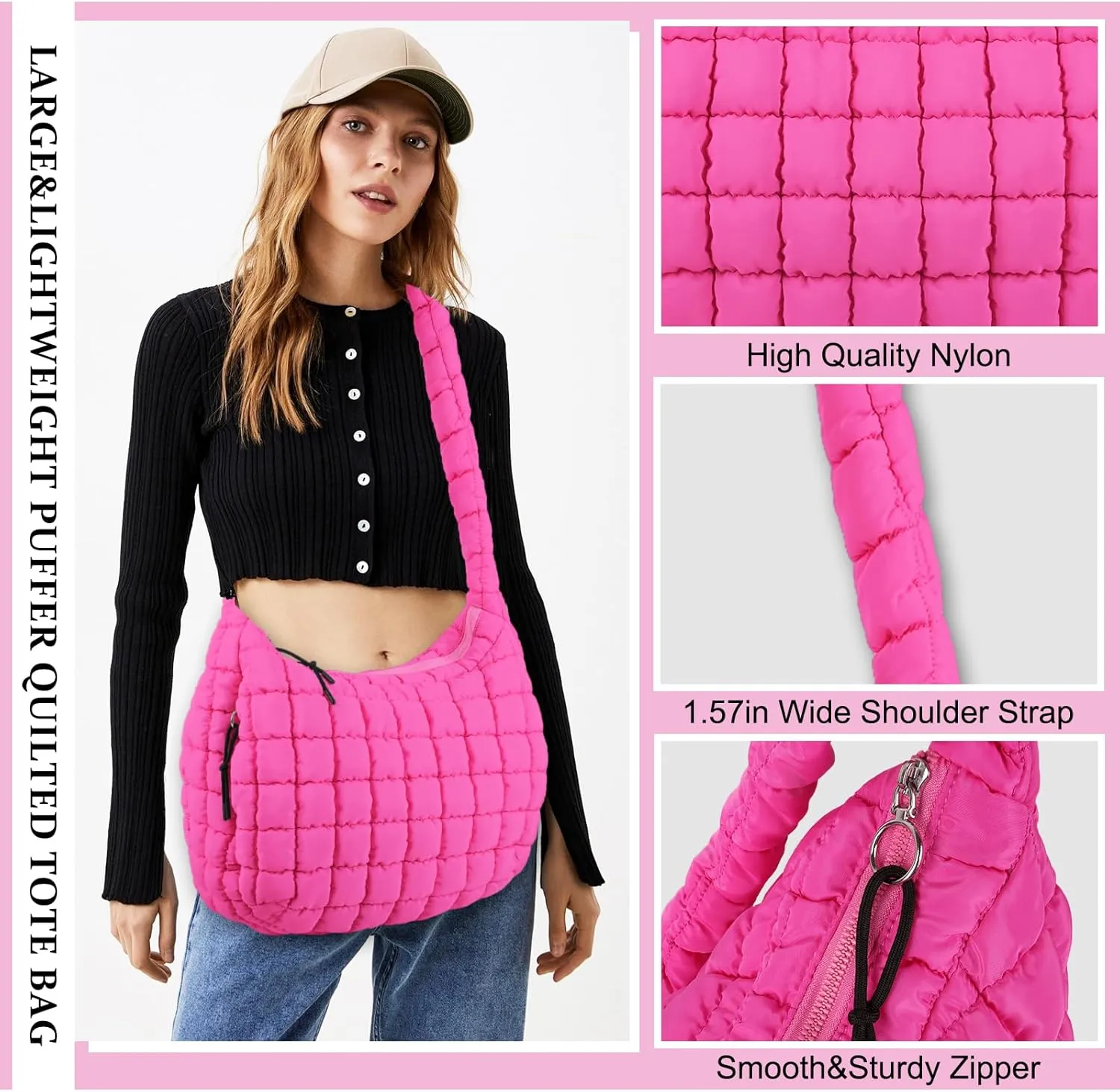 Quilted Puffer Tote Bag Purse Puffy Crossbody Shoulder Bag,Lightweight Nylon Hobo Bag Puffer Carryall Bag for Women Girl
