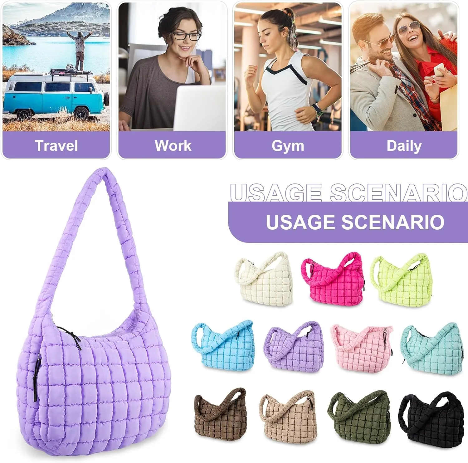 Quilted Puffer Tote Bag Purse Puffy Crossbody Shoulder Bag,Lightweight Nylon Hobo Bag Puffer Carryall Bag for Women Girl