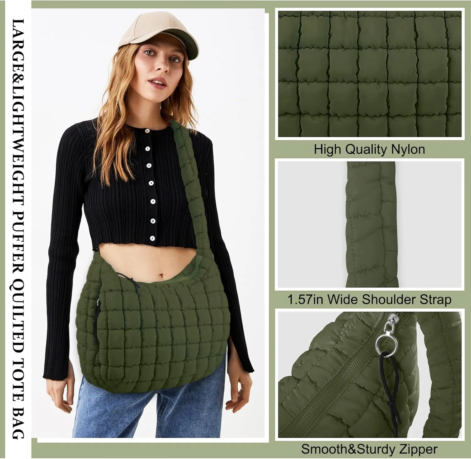 Quilted Puffer Tote Bag Purse Puffy Crossbody Shoulder Bag,Lightweight Nylon Hobo Bag Puffer Carryall Bag for Women Girl